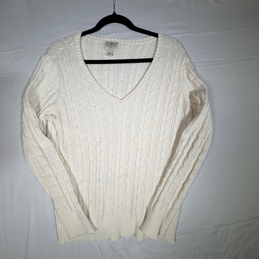 St Johns Bay Cream Cable Knit V Neck Sweater Womens XL Cotton Blend Cozy